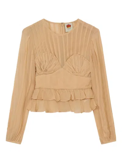 Farm Rio Ruffled-trim Pleated Blouse In Brown