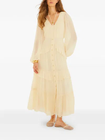 Farm Rio Butter Yellow Ruffled Buttoned Maxi Dress In White
