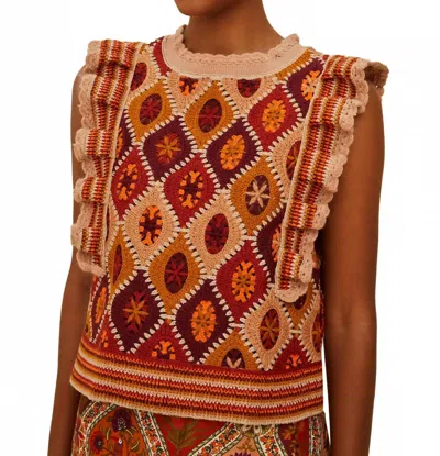 FARM RIO RUFFLES CROCHET VEST IN MULTI CARAMEL
