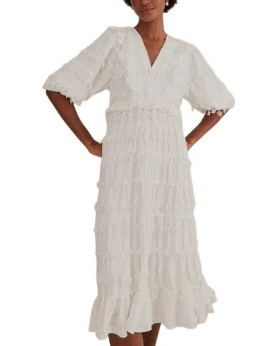 Farm Rio Ruffles Trim Off-white Midi Dress In Multi