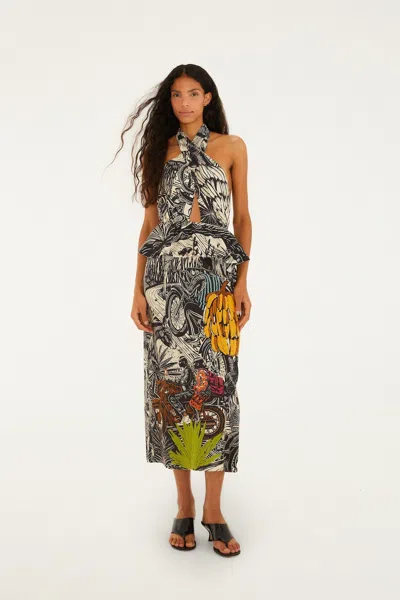 Farm Rio Ruta Beige Embroidered Lenzing Ecovero Euroflax Maxi Dress In Multi