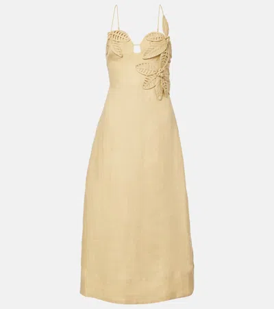 Farm Rio Sand Floral-appliqué Linen Midi Dress In Yellow