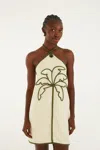 Farm Rio Sand Coconut Embroidery Halter Neck Euroflax Premium Linen Mini Dress In White