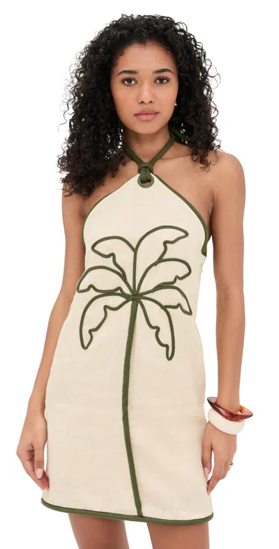 Farm Rio Sand Coconut Embroidery Halter Neck Euroflax Premium Linen Mini Dress In White