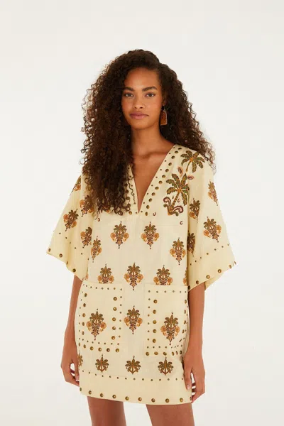 Farm Rio Sand Coconut Tree Tapestry Euroflax Premium Linen Mini Dress