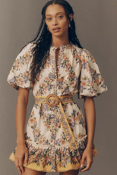 Farm Rio Sand Hilo Belted Short-sleeve Mini Dress In Neutral