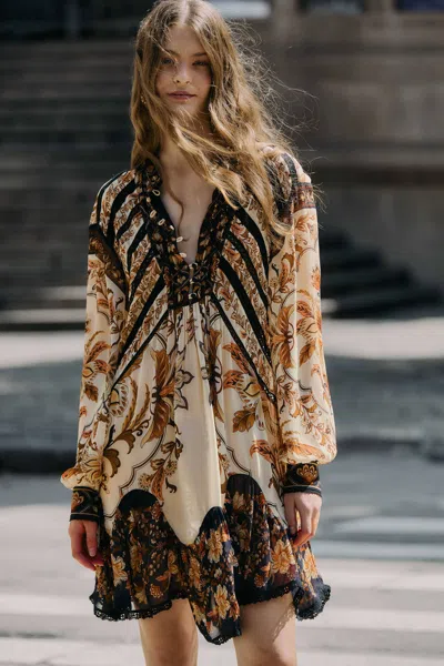 Farm Rio Sand Majestic Garden Lace Long Sleeve Mini Dress In Multi