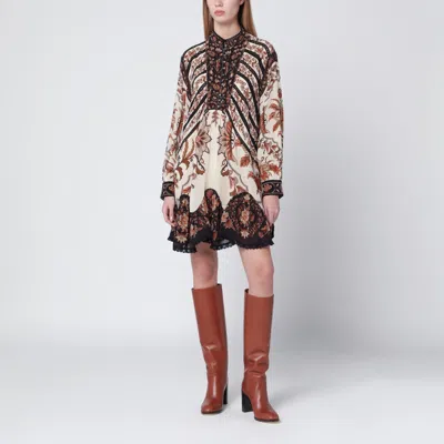 Farm Rio Majestic Garden Long Sleeve Lace Insets Trapeze Dress In Multi