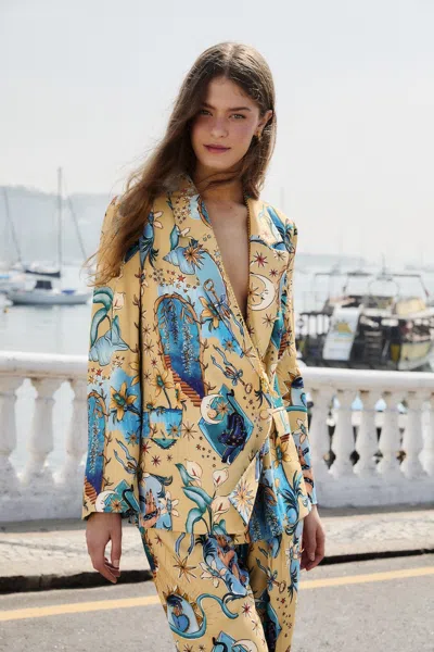 Farm Rio Sand Mystical Notched Lapel Lenzing Ecovero Viscose Blazer In Yellow