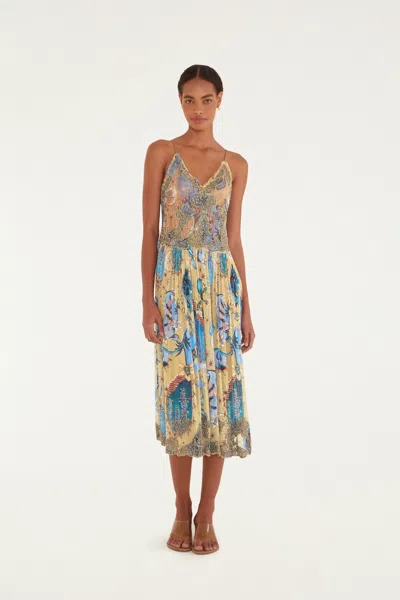 Farm Rio Sand Mystical Sleeveless Pleated Midi Dress In Blue
