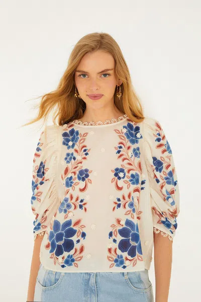 Farm Rio Sand Renata Floral 3d Puff Sleeve Blouse In Multi