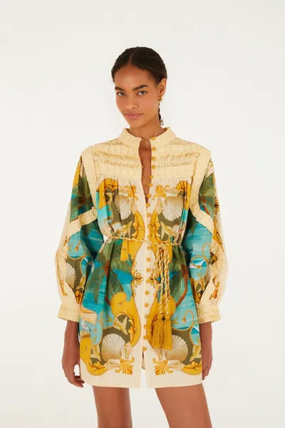 Farm Rio Sand Royal Sea Smocked Organic Cotton Mini Dress In Yellow