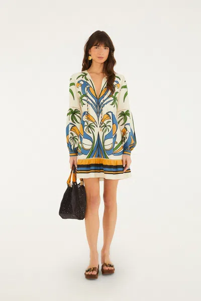 Farm Rio Sand Tropical Graphic Lace Ruffled Mini Dress In Multi