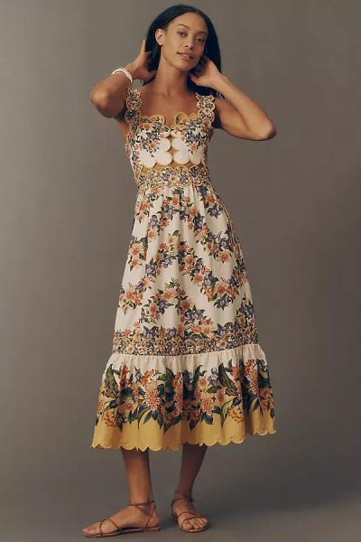 Farm Rio Sands Hilo Scalloped Sleeveless Midi Dress In Brown