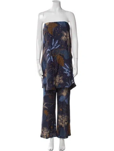 Pre-owned Farm Rio Satin Printed Pant Set W/ Tags In Blue