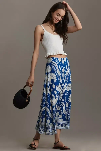 Farm Rio Satin Slip Midi Skirt In Blue