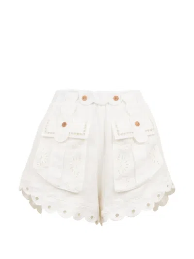 Farm Rio Scalloped Embroidered Mini Shorts In White