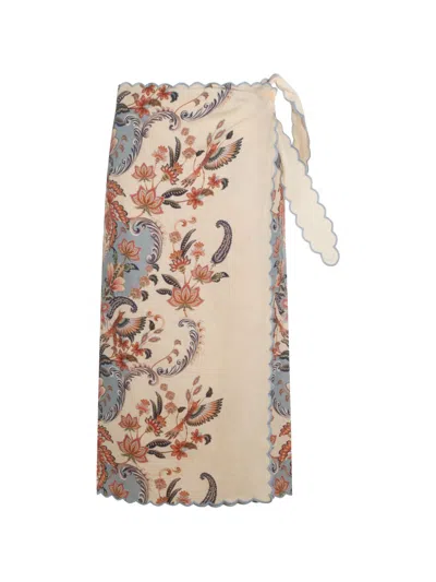 Farm Rio Scalloped Floral Wrap Skirt In Neutral