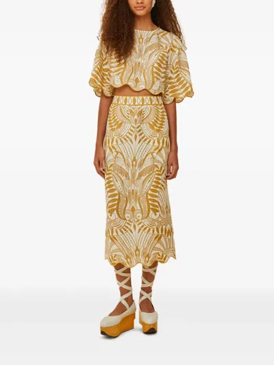 Farm Rio Scalloped-hem Bird-print Blouse In Neutral