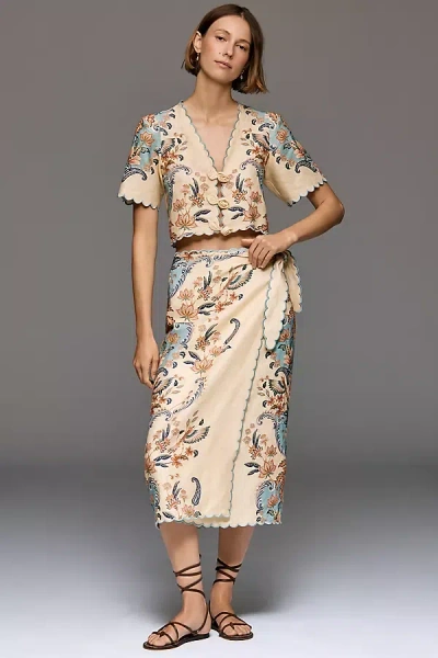 Farm Rio Scalloped Linen Midi Skirt In Multi