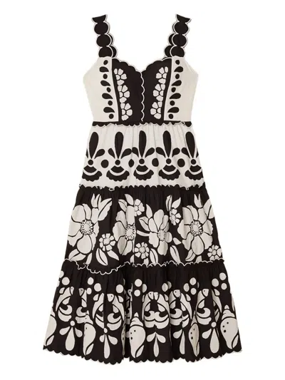 Farm Rio Summer Cutwork Organic Cotton Midi Dress In Black And White In Multi