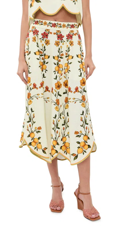 Farm Rio Scalloped Midi Skirt Lemon Bouquet Off-white In Multi