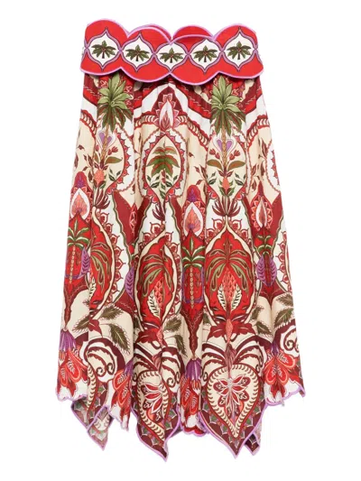 Farm Rio Odara Scalloped Printed Linen-blend Midi Skirt In Multi