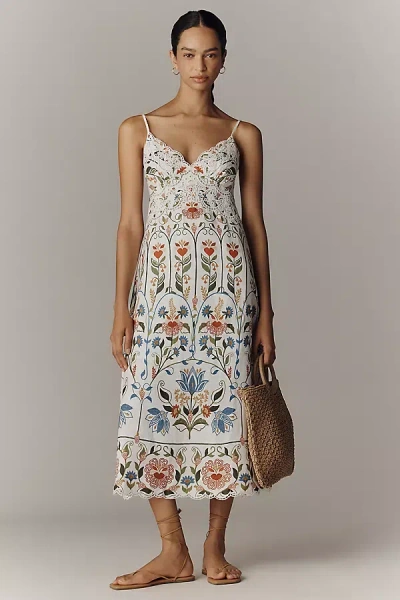 Farm Rio Scalloped Sleeveless Linen V-neck Midi Dress In White
