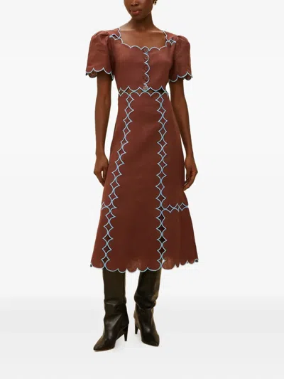 Farm Rio Scalloped-trim Linen Midi Dress In Brown