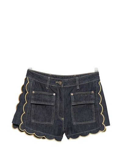 Farm Rio Scalloped-edge Pleated Shorts In Blue
