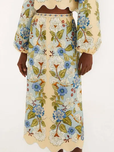 Farm Rio Scarf Pull-on Midi Skirt In Garden Blue In White