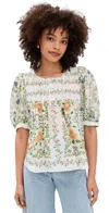 Farm Rio Scoop Neck Short Sleeve Blouse Folk Floral Off-white In Folk Floral Off-white