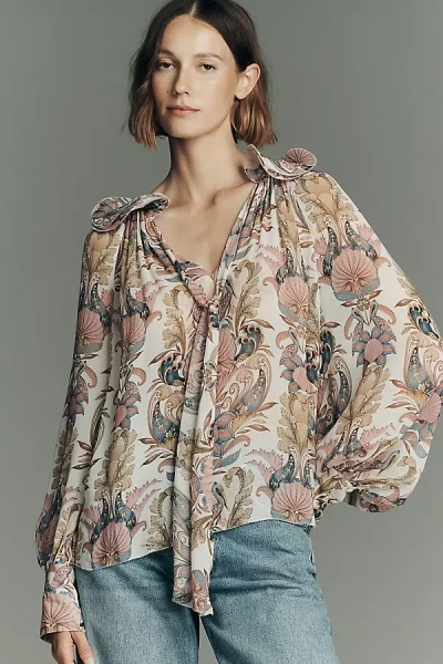 Farm Rio Sea Garden Long-sleeve Tie-neck Blouse In Multi