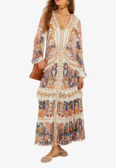 Farm Rio Sea Garden Ruffled Maxi Dress In Neutral