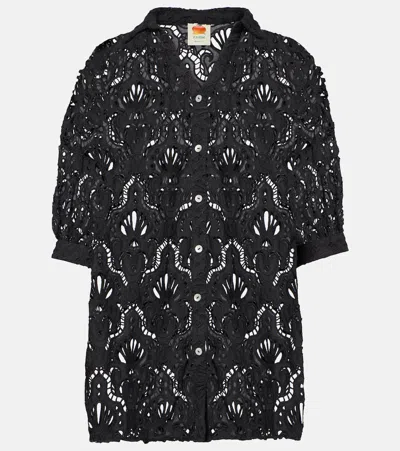 Farm Rio Seashell Lace Cotton Shirt In Black