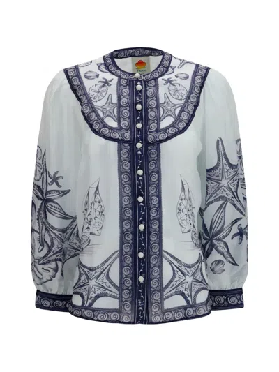 Farm Rio Coast Scarf Print Ramie Long-sleeve Blouse In Blue