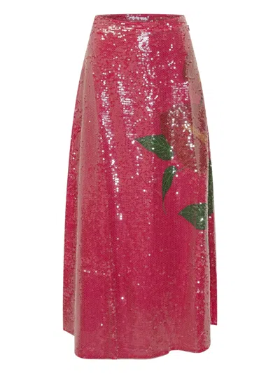 Farm Rio Sequin-embellished Floral Skirt In Pink