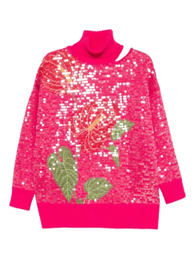 Farm Rio Sequin-embellished Roll-neck Sweater In Pink