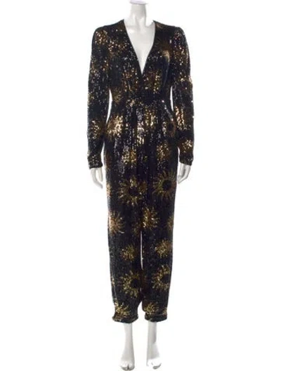 Pre-owned Farm Rio Sequin Graphic Print Jumpsuit W/ Tags In Black