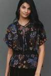Farm Rio Sheer Lace Relaxed Blouse In Blue