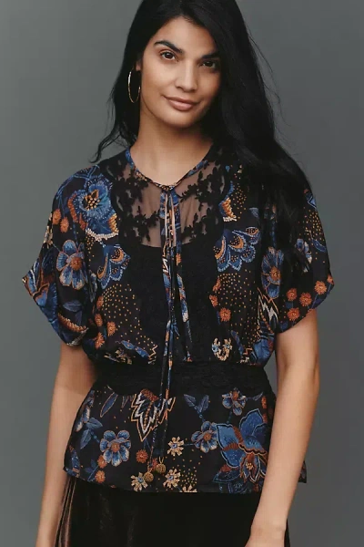 Farm Rio Sheer Lace Relaxed Blouse In Blue