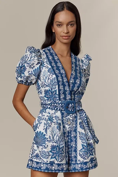 Farm Rio Shell Garden Cotton V-neck Romper In Blue
