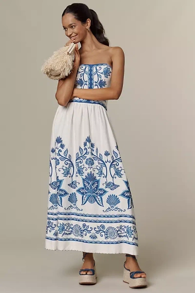 Farm Rio Shell Garden Linen Blend Midi Dress In Blue