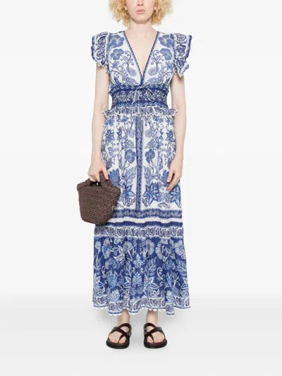 Farm Rio Shell Garden Cotton Ruffle Maxi Dress In Blue