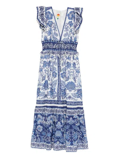Farm Rio Shell Garden Cotton Ruffle Maxi Dress In Blue