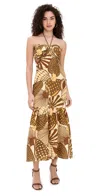 Farm Rio Tasseled Shirred Printed Linen Halterneck Maxi Dress