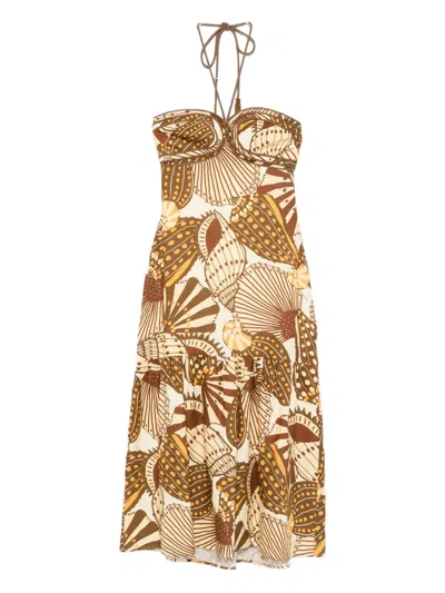 Farm Rio Shell Mix Midi Dress In Brown