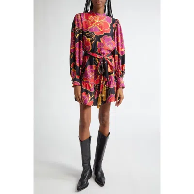 Farm Rio Shiny Chita Floral Print Long Sleeve Minidress In Shiny Chita Black