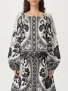 Farm Rio Placed Floral Print Long Sleeve Cotton Top In Gray