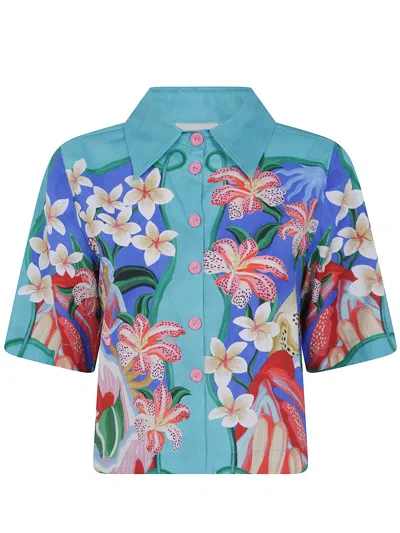 Farm Rio Multicolor Garden Of Life Scarf Short Sleeve Crop Shirt In Green